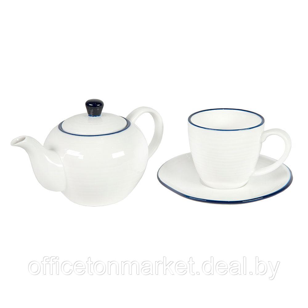 Набор посуды чайник и чашка с блюдцем "Seawave", белый, синий - фото 1 - id-p196383651