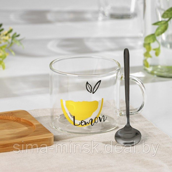 Кружка стеклянная с деревянной подставкой и ложкой «Лимон», 300 мл, рисунок МИКС - фото 2 - id-p196821363