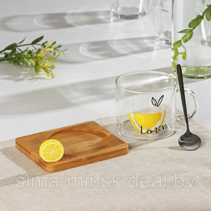 Кружка стеклянная с деревянной подставкой и ложкой «Лимон», 300 мл, рисунок МИКС - фото 3 - id-p196821363