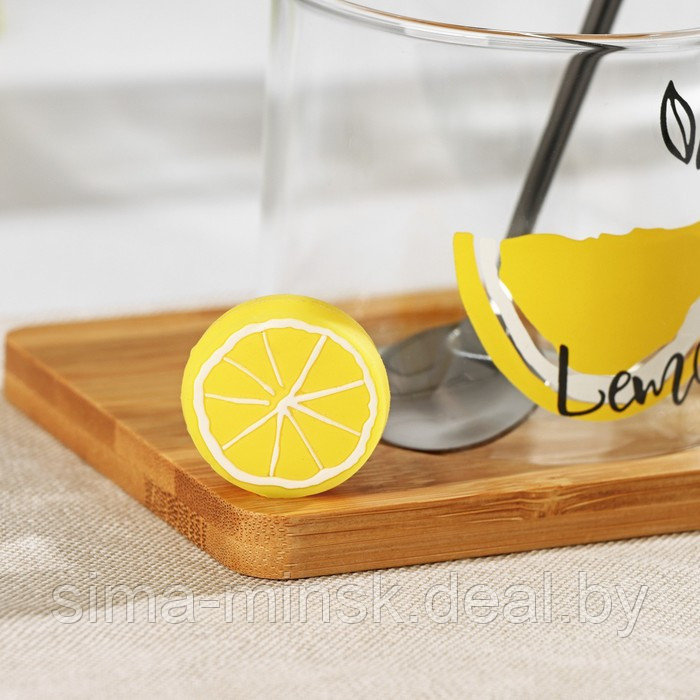 Кружка стеклянная с деревянной подставкой и ложкой «Лимон», 300 мл, рисунок МИКС - фото 4 - id-p196821363