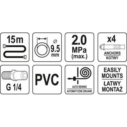Шланг PVC пневматический d9.5ммх15м 2.0MPa с наружной резьбой 1/4" на автоматической катушке "Yato" YT-24245, фото 2