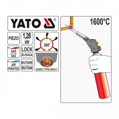 Горелка газовая на баллон с пьезоподжигом 1600С, тип EN417 "Yato" YT-36709 - фото 2 - id-p196831412