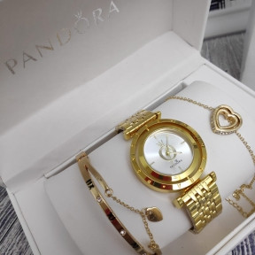 Подарочный набор Pandora (часы, подвеска-Сердце, браслет) Золото с белым циферблатом - фото 1 - id-p134660319