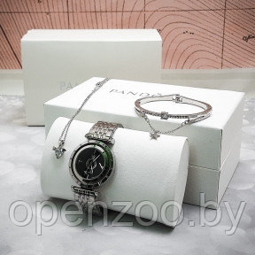 Комплект Pandora (Часы, кулон, браслет) Серебро с черным циферблатом - фото 1 - id-p159601797