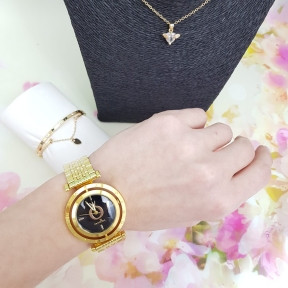 Комплект Pandora (Часы, кулон, браслет) Золото с черным циферблатом - фото 1 - id-p119132108