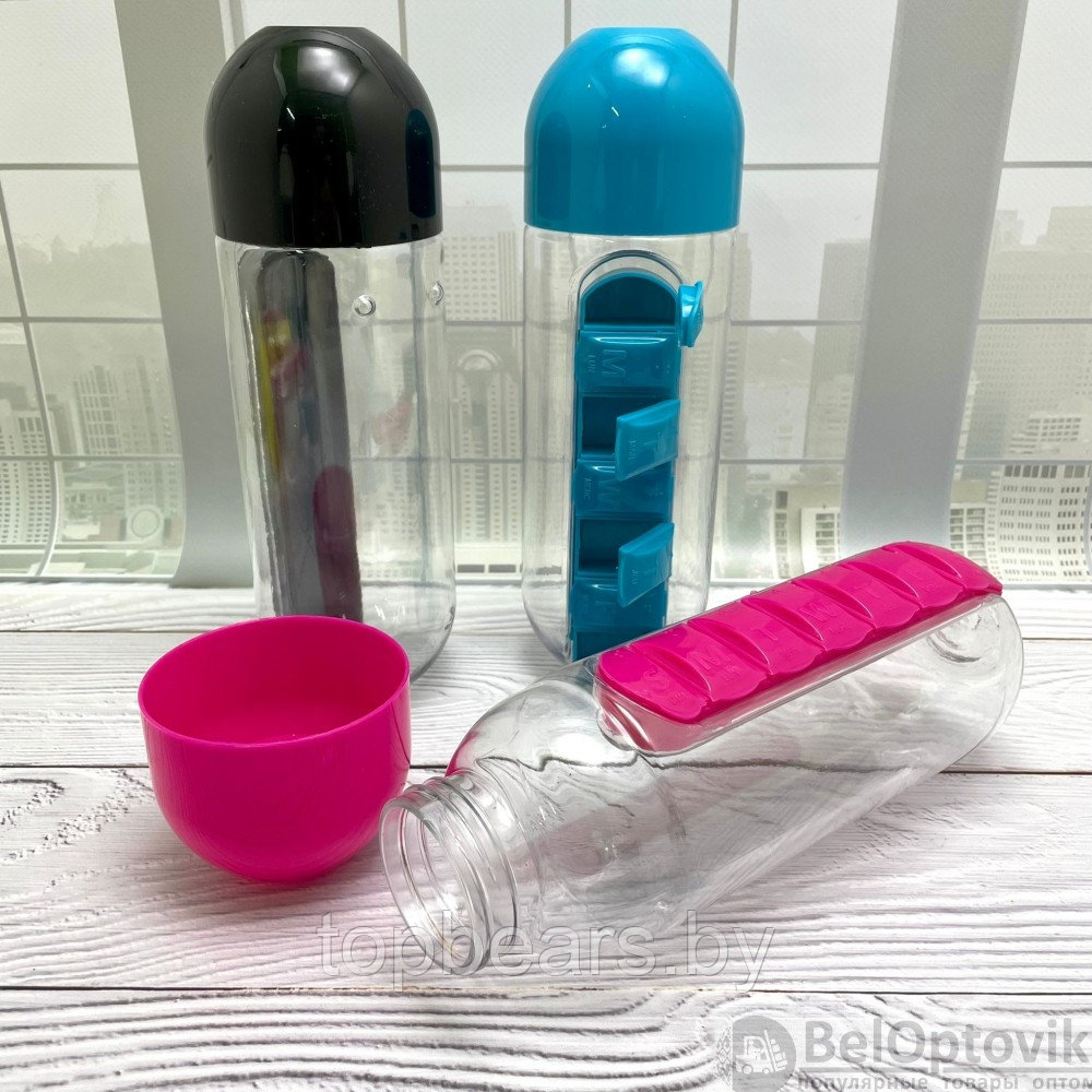 Таблетница-органайзер на каждый день Pill Vitamin Organizer с бутылкой для воды Розовый - фото 3 - id-p179743845