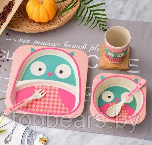 Детская посуда из бамбука из 5 предметов (набор) Bamboo Ware Kids Set. Выбери своего зверька Совушка