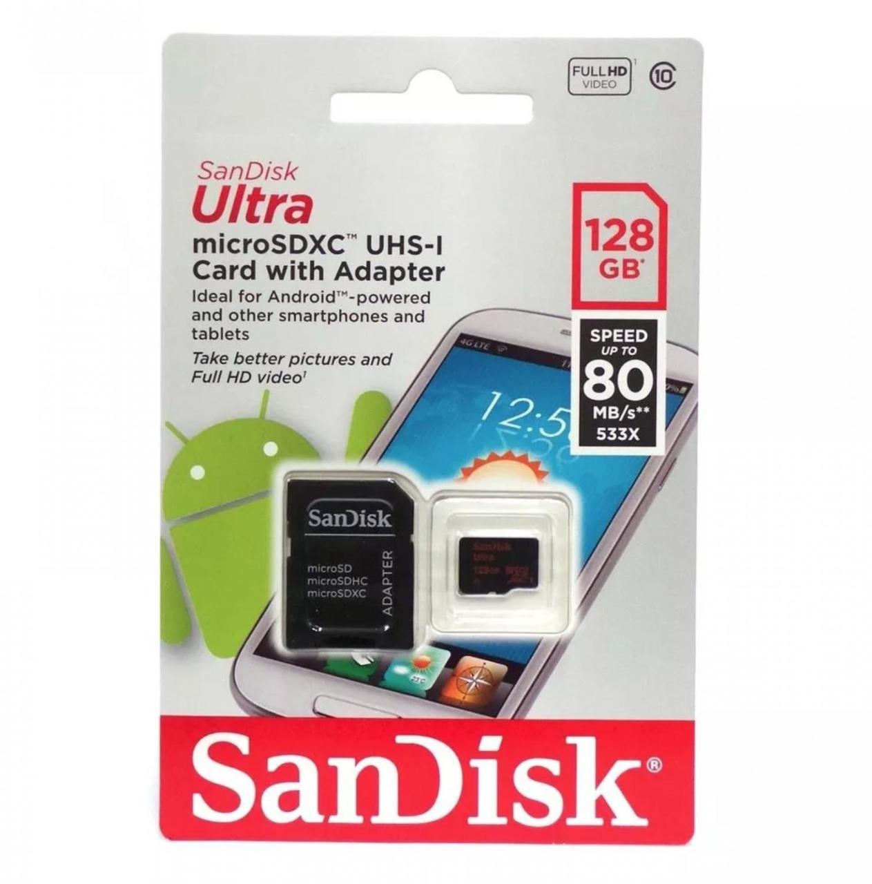 Карта памяти SanDisk Ultra microSDXC Class 10 UHS-I 80MB/s 128GB + SD adapter - фото 3 - id-p196960930