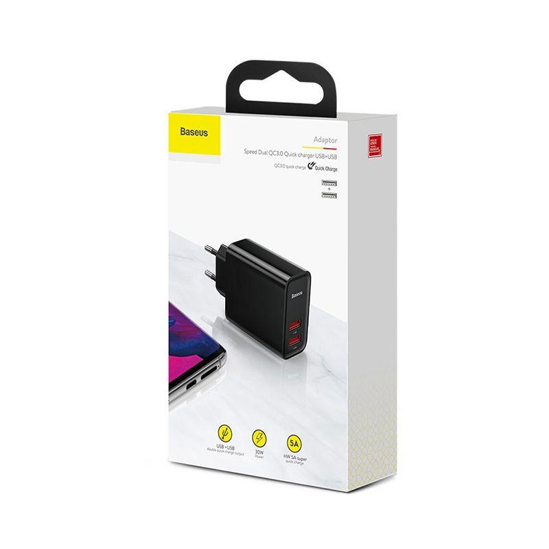 Зарядное устройство для телефона Baseus Speed Dual QC3.0 Quick charger USB+USB (CCFS-E) (черный) - фото 1 - id-p196962217