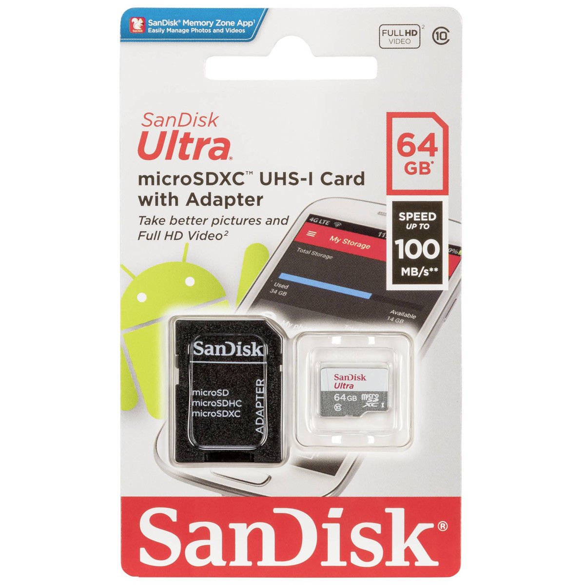 Карта памяти SanDisk Ultra microSDXC Class 10 UHS Class 1 A1 100MB/s 64GB + SD adapter - фото 4 - id-p196961494