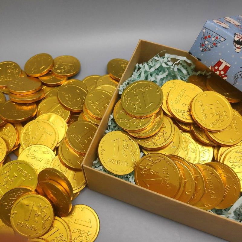 Золотые шоколадные монеты «Рубль», набор 20 монеток (Россия) - фото 2 - id-p196995613