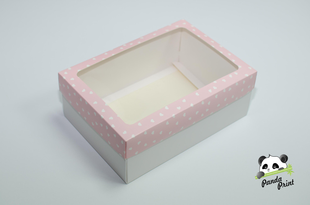 Коробка с прозрачным окном 220х160х90 Сердечки белые на розовом (белое дно) - фото 1 - id-p194851600