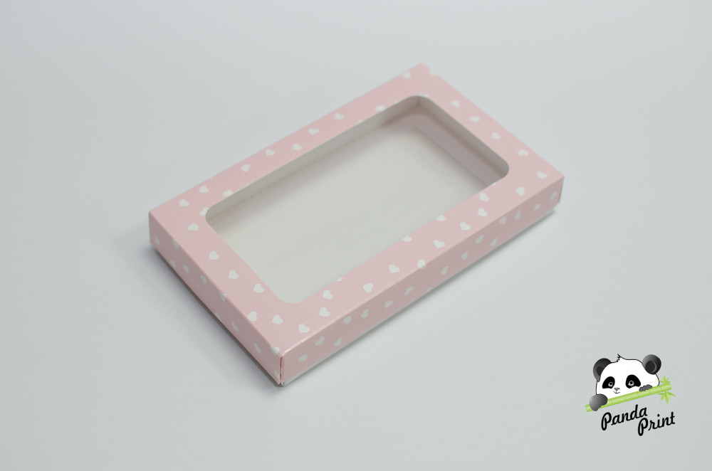 Коробка с прозрачным окном 120х200х30 Сердечки белые на розовом (белое дно)