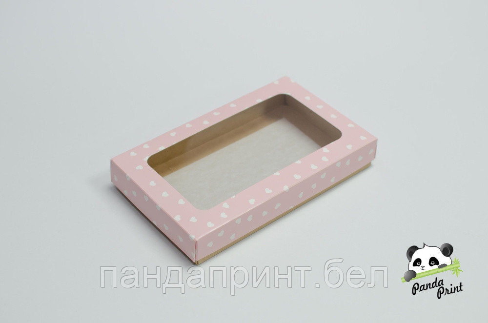 Коробка с прозрачным окном 120х200х30 Сердечки белые на розовом (крафт дно)