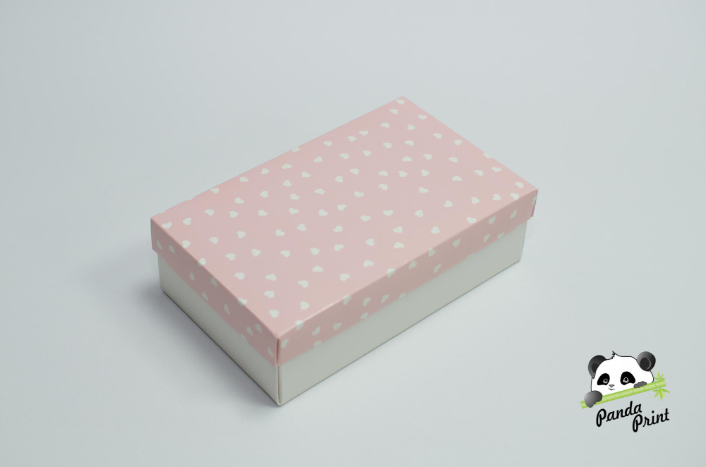 Коробка 120х200х60 Сердечки белые на розовом (белое дно)