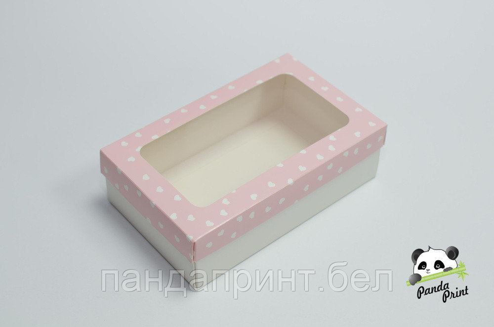 Коробка с прозрачным окном 120х200х60 Сердечки белые на розовом (белое дно)