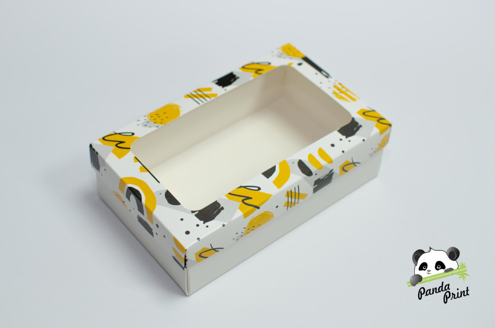 Коробка с прозрачным окном 120х200х60 Желто-черная (белое дно)
