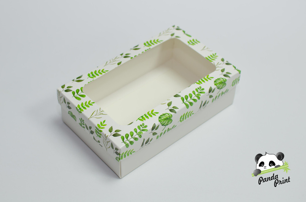 Коробка с прозрачным окном 120х200х60 Зеленые листья (белое дно)