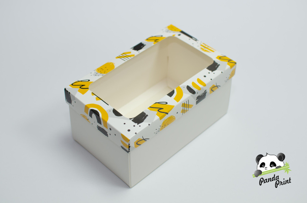 Коробка с прозрачным окном 120х200х100 Желто-черная (белое дно)