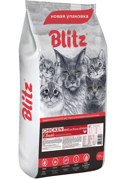 Сухой корм для кошек Blitz Classic Adult Cats All Breeds (курица) 10 кг - фото 1 - id-p197103813