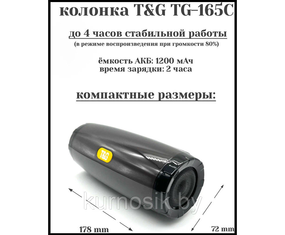 Беспроводная портативная Bluetooth колонка T&G TG-165С с подсветкой, 2 динамика, FM радио, micro SD Черный - фото 5 - id-p197173939