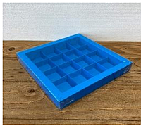 Коробка для конфет с прозрачной крышкой на 16 конфет Синяя 20х20х3 см