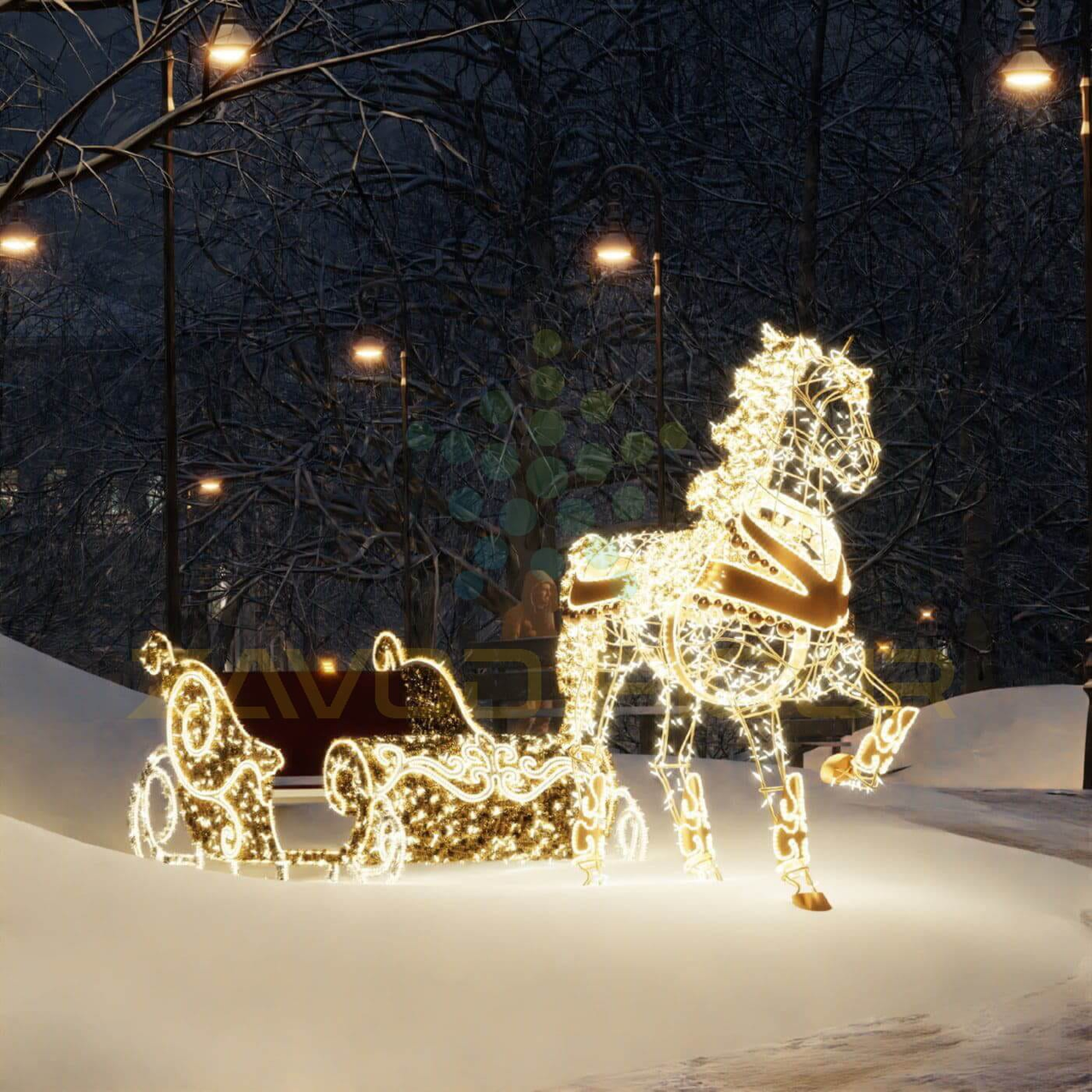 Новогодние световые фигуры «Золотая лошадь с санями» - фото 1 - id-p197203073