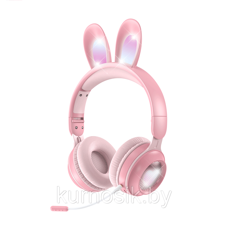 Беспроводные детские наушники Кролик с игровым микрофоном и LED подсветкой, розовые, Ke-01 - фото 1 - id-p197250323