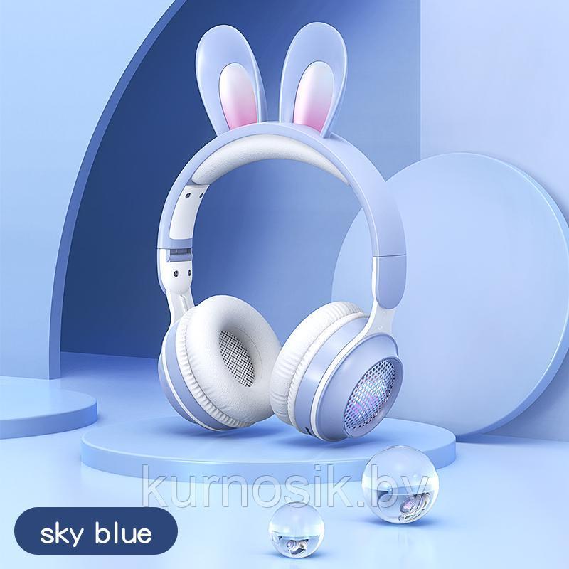 Беспроводные детские наушники Кролик с игровым микрофоном и LED подсветкой, голубые, Ke-01 - фото 2 - id-p197250401