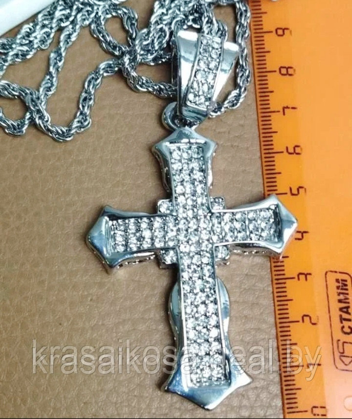 Кулон подвеска Крест со стразами на цепочке красивый стильный Серебристый бижутерия - фото 1 - id-p197269950