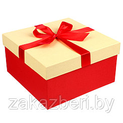 Коробка подарочная с бантом тиснение Лен 21x21x11 см, слоновая кость-красный