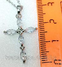 Кулон подвеска Крест со стразами на цепочке красивый стильный Серебристый бижутерия крестик