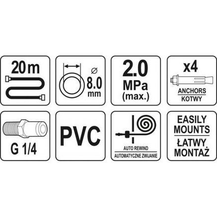 Шланг PVC пневматический d8.0ммх20м 2.0MPa с наружной резьбой 1/4" на автоматической катушке "Yato" YT-24244, фото 2