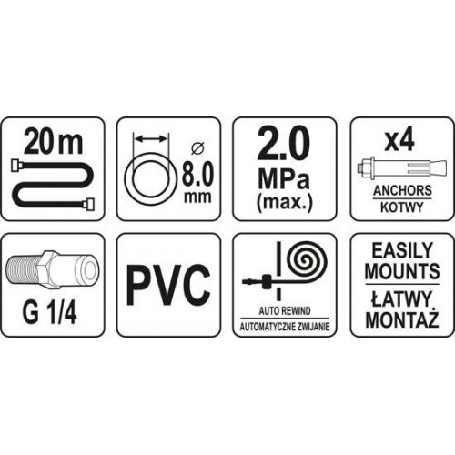 Шланг PVC пневматический d8.0ммх20м 2.0MPa с наружной резьбой 1/4" на автоматической катушке "Yato" YT-24244 - фото 2 - id-p197344359