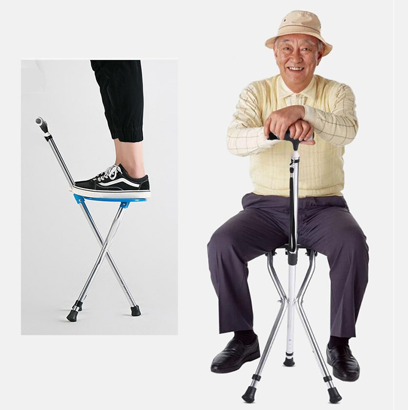 Трость "С заботой о Вас" опорная со складным сиденьем для пожилых людей с регулировкой высоты и Led-фонариком - фото 1 - id-p197376499
