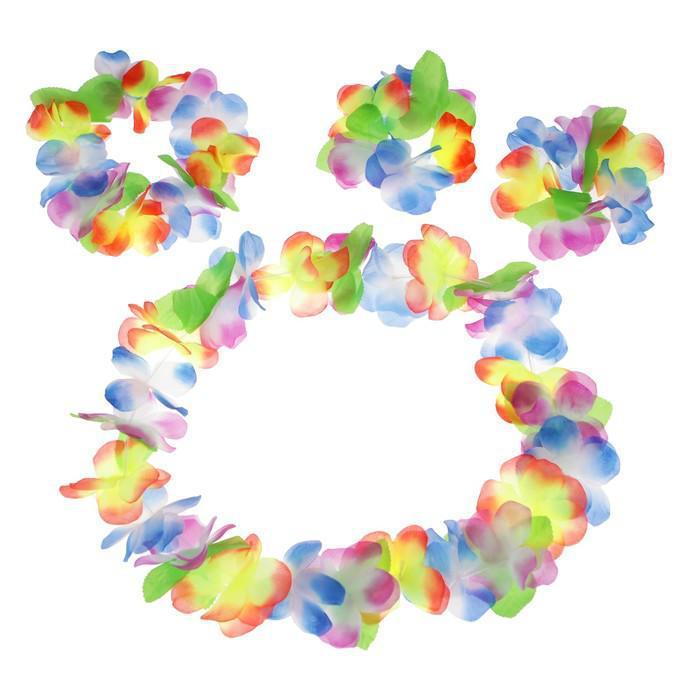 Набор гавайская тема 4 в 1: ожерелье, венок, 2 браслета, многоцветные цветы - фото 1 - id-p197270196