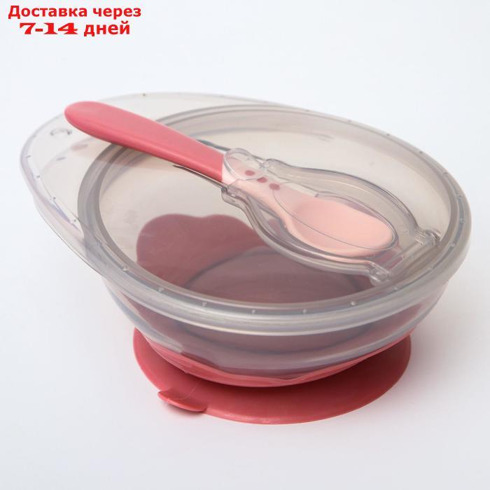 Набор для кормления: миска на присоске, с крышкой + ложка, цвет розовый - фото 1 - id-p197348207