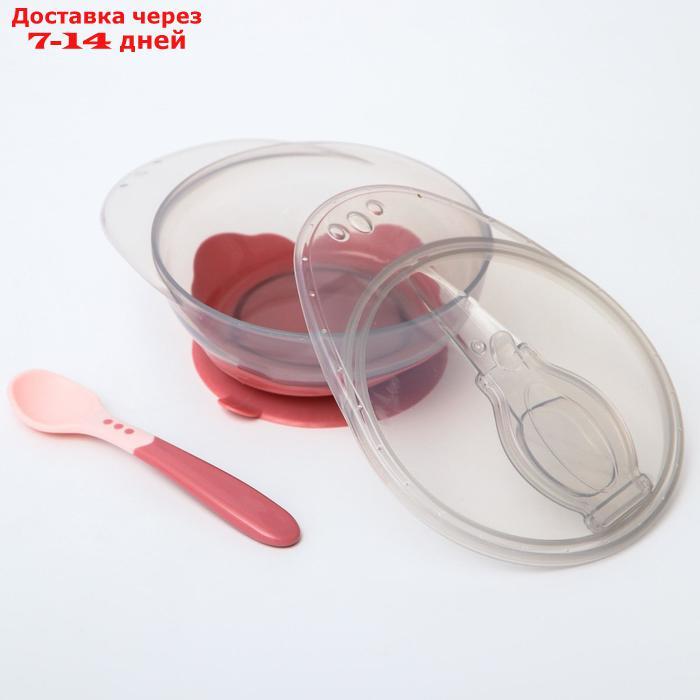 Набор для кормления: миска на присоске, с крышкой + ложка, цвет розовый - фото 3 - id-p197348207