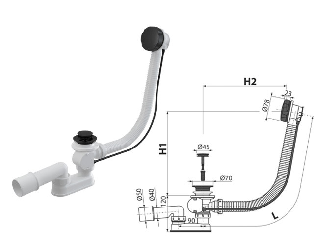 Сифон для ванны автомат комплект, черный мат , Alcaplast - фото 1 - id-p197442753
