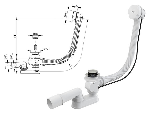 Сифон для ванны автомат комплект, белый (длина 80 см), Alcaplast - фото 1 - id-p197442804
