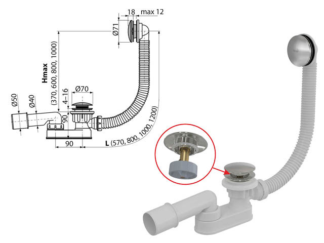 Сифон для ванны click/clack металл, Alcaplast - фото 1 - id-p197442808