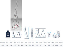 Лестница алюм. 3-х секц. 299/787/316см 3х12 ступ., 18,0кг PRO STARTUL (ST9942-12)