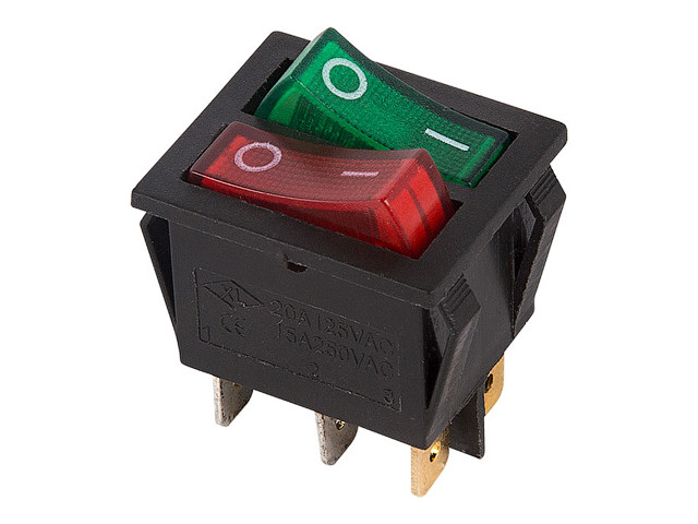 Выключатель клавишный 250V 15А (6с) ON-OFF красный/зеленый с подсветкой ДВОЙНОЙ (RWB-511) REXANT