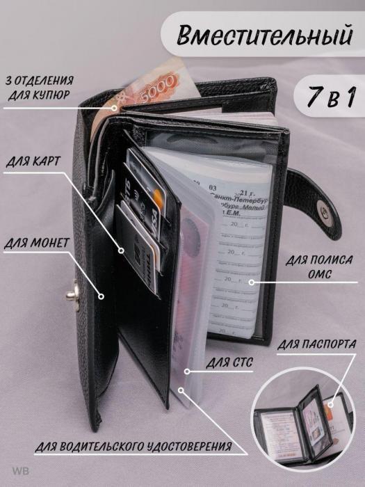 Кошелек портмоне мужской бумажник из экокожи черный для карт документов денег отделением монет и - фото 7 - id-p197523463