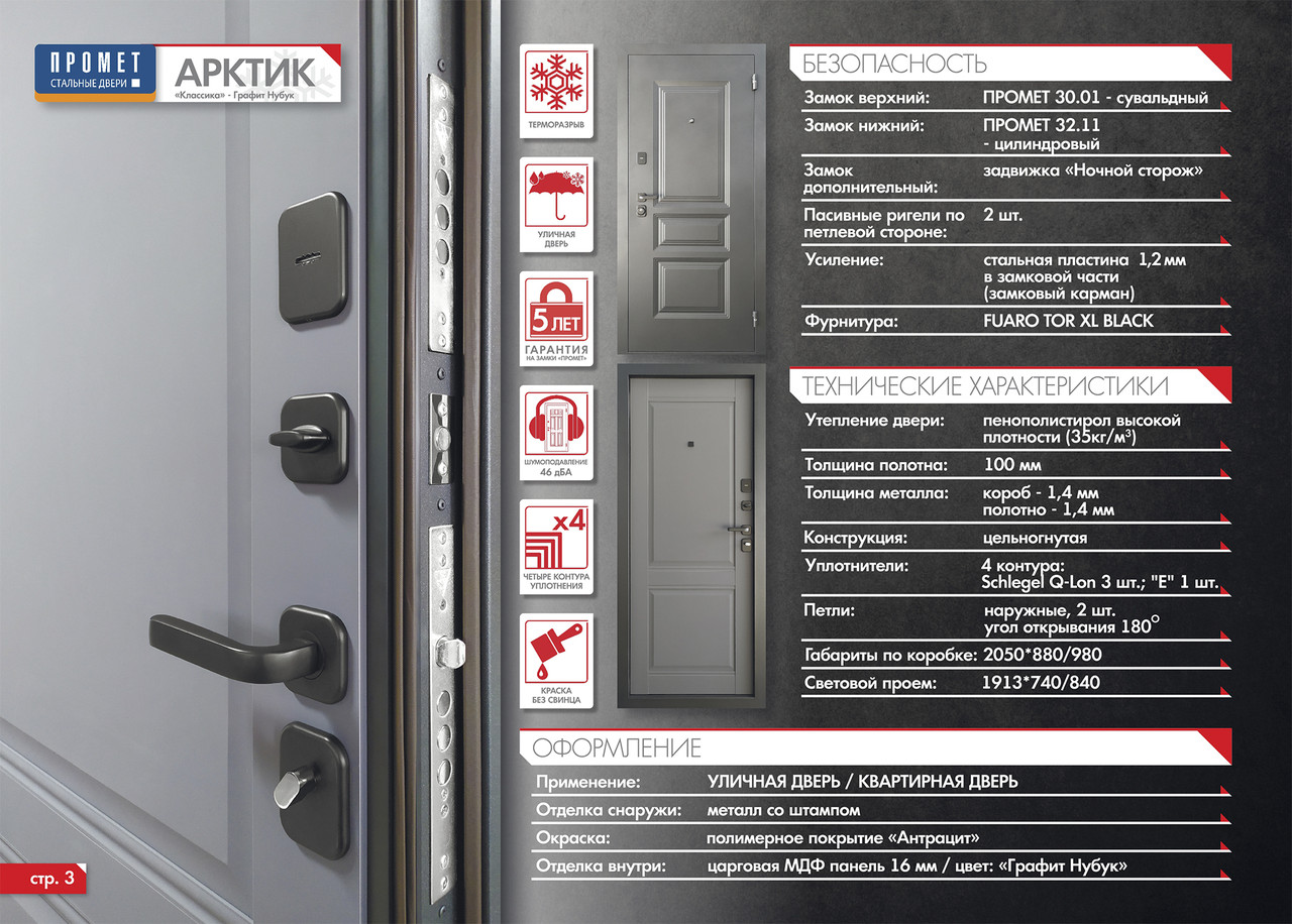 ПРОМЕТ "Арктик Классика" ТЕРМОРАЗРЫВ (2050х880 Левая) Графит Нубук | Входная металлическая дверь - фото 3 - id-p188173160