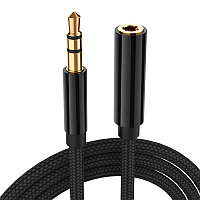 Кабель jack 3.5mm (AUX), папа-мама, 1 метр, ткань, черный 556285