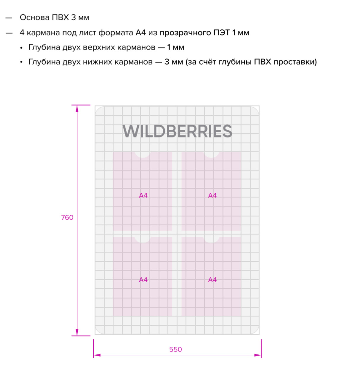 Уголок потребителя для ПВЗ WB Wildberries размером 760х550мм с карманами А4 для сменной информацией - фото 2 - id-p197659916