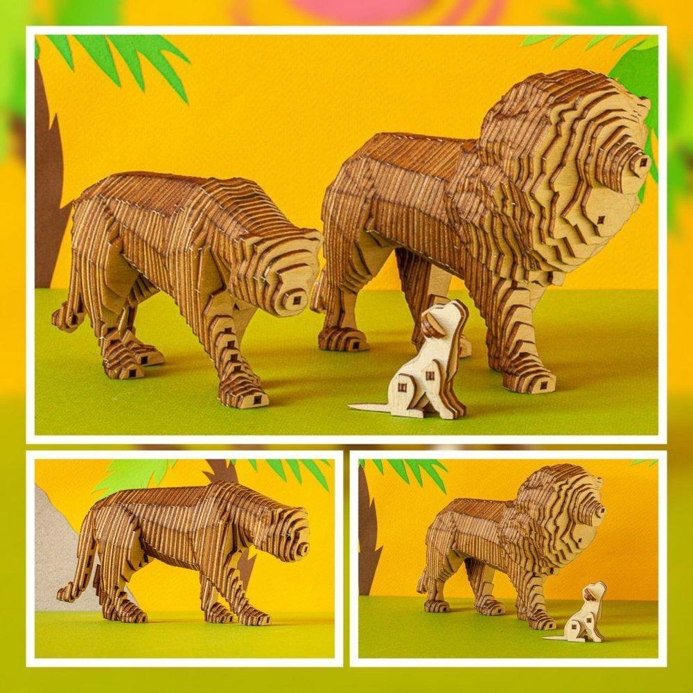 Деревянный конструктор "Львиная семья" Сборка без клея, 204 детали с набором карандашей