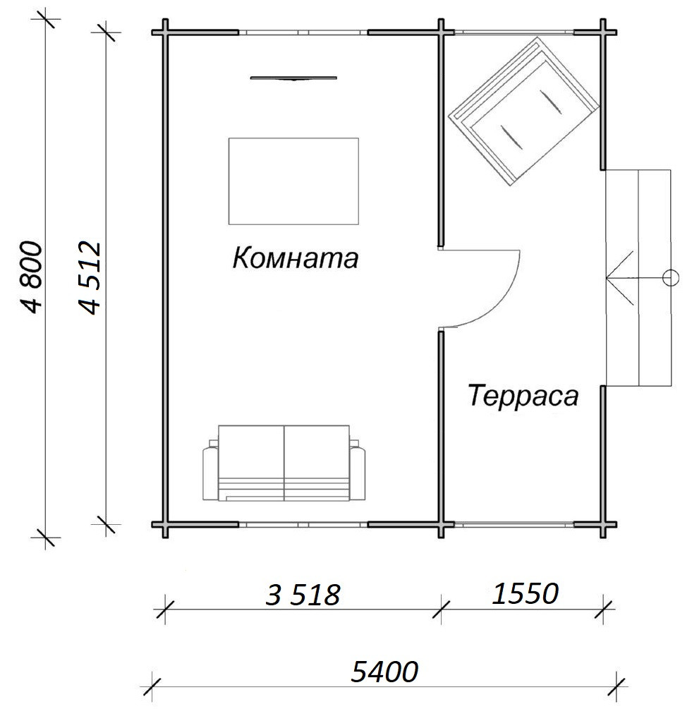 Дачный дом "Лесной" 4,8 х 5,4 м из профилированного бруса, толщиной 44мм (базовая комплектация) - фото 2 - id-p197729955