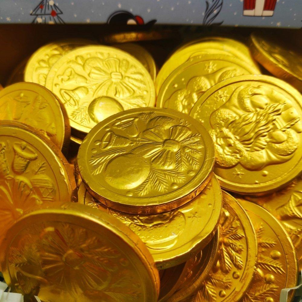 Золотые шоколадные монеты «Новогодние», набор 20 монеток (Россия) - фото 2 - id-p196995611